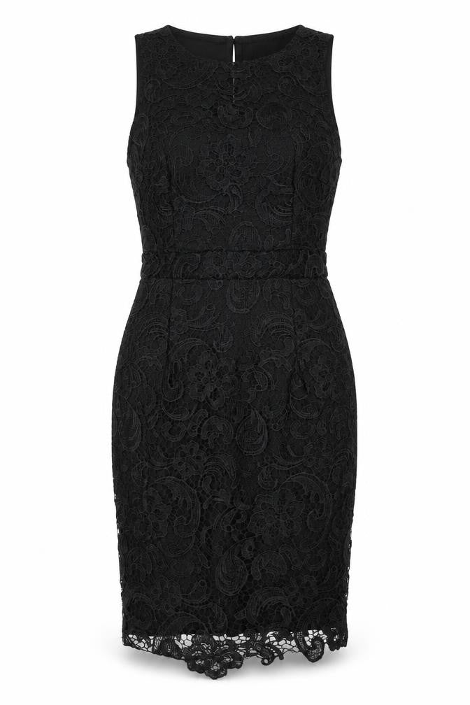Front view of AX Paris women’s black polyester bodycon, size UK 10, round neck button