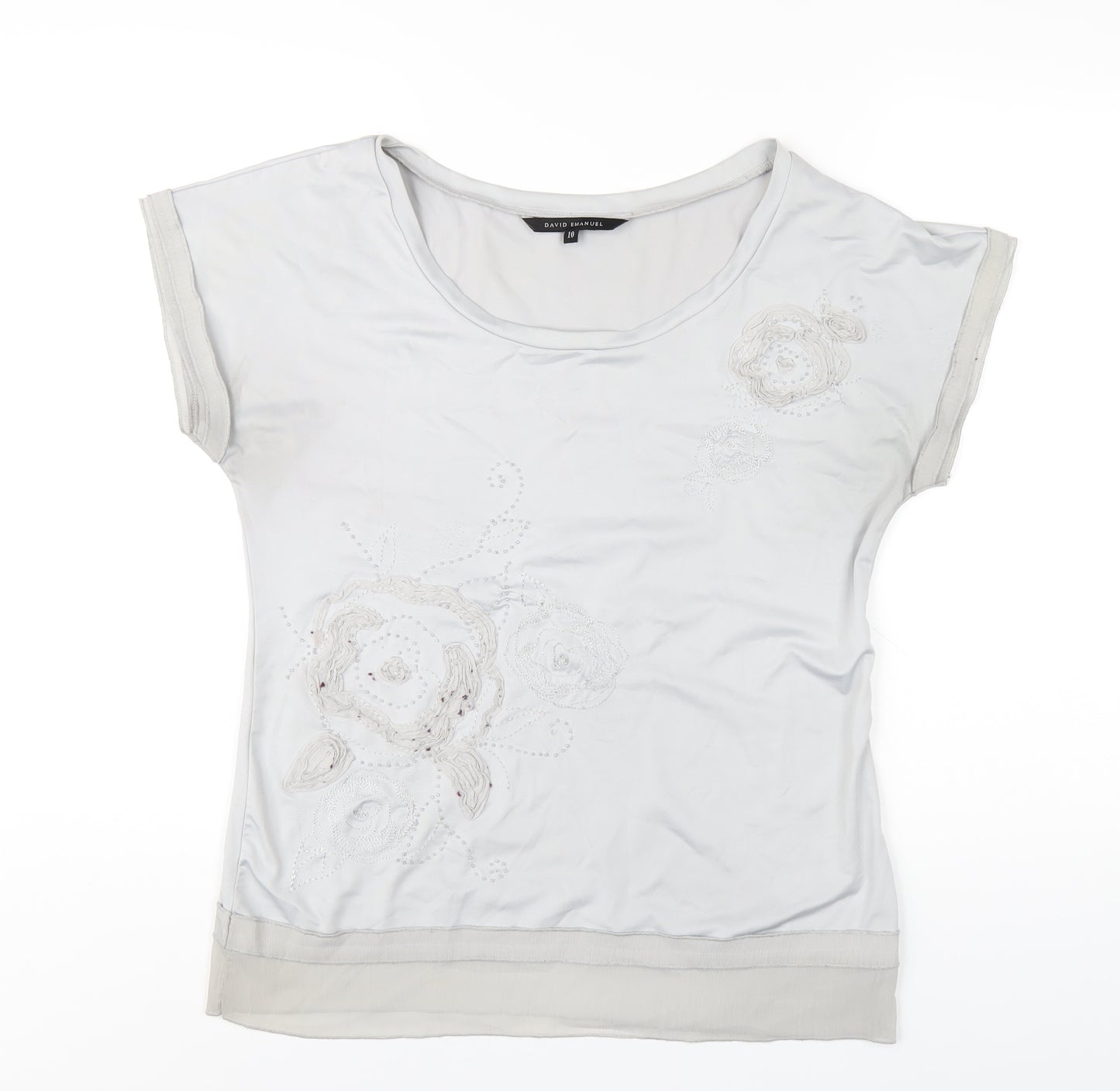 David Emanuel Womens Grey Polyester Basic T-Shirt Size 10 Round Neck