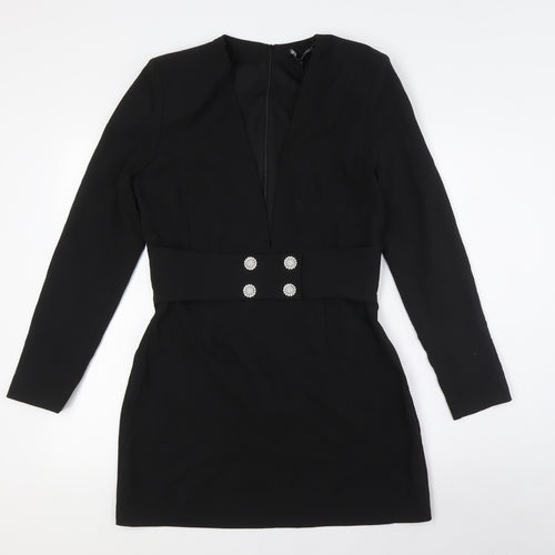Zara Womens Black Polyester Pencil Dress Size XL V-Neck Zip