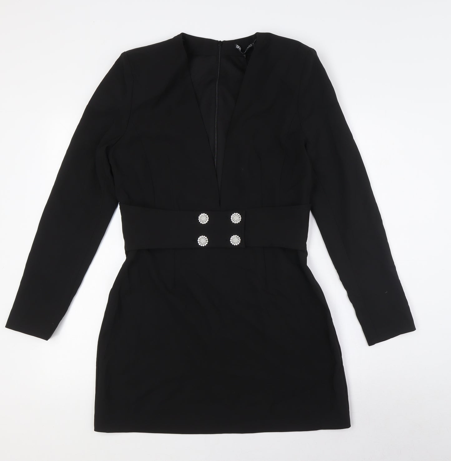 Zara Womens Black Polyester Pencil Dress Size XL V-Neck Zip