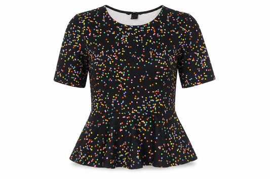 Front view of H&M women’s multicoloured polka dot polyester basic blouse, size S, round neck