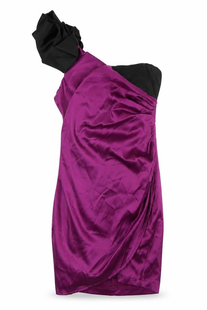 Front view of AX women’s purple polyester bodycon, size UK 8, one shoulder zip