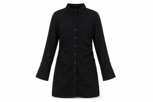 Front view of ASOS women’s black polyester a-line, size UK 12, collared button