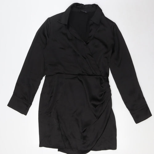 Stradivarius Womens Black Polyester A-Line Size L V-Neck Zip