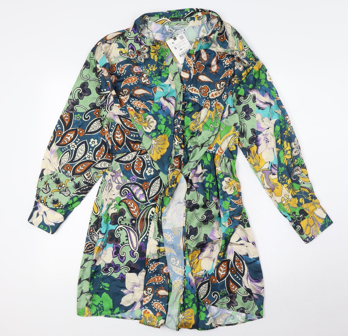 Zara Womens Multicoloured Polyester A-Line Size S Collared - Tie Front