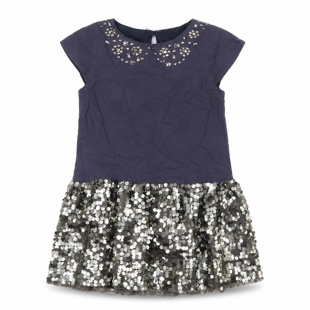 John Lewis Girls Blue Viscose A-Line Size 5 Years Round Neck - Sequins