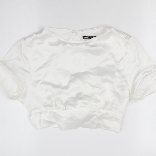 Zara Womens White Polyester Cropped Blouse Size S Round Neck