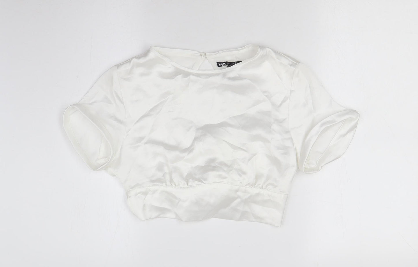 Zara Womens White Polyester Cropped Blouse Size S Round Neck