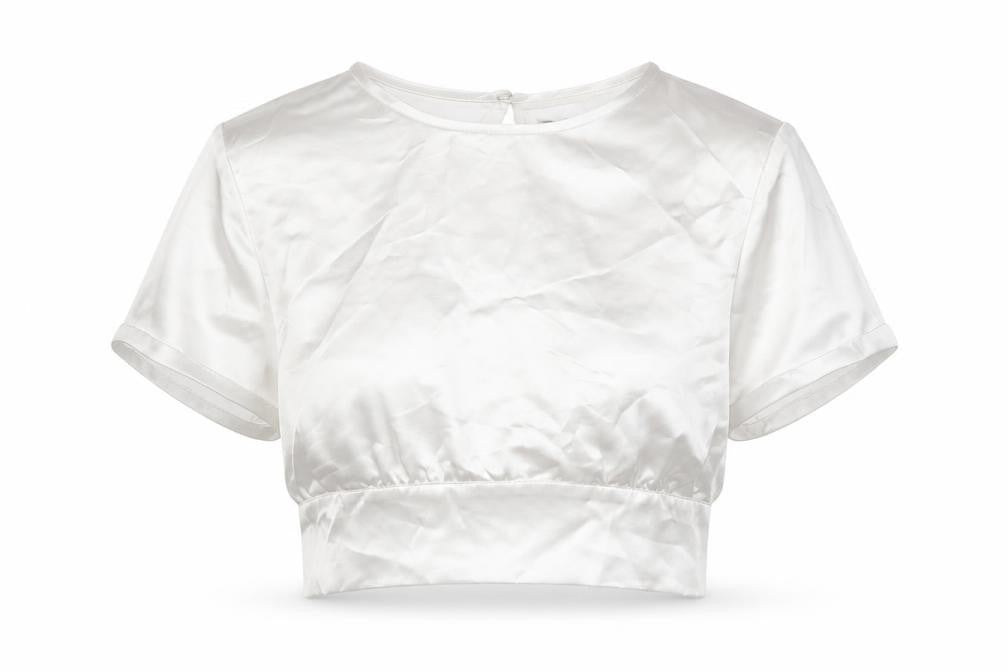 Front view of Zara women’s white polyester cropped blouse, size S, round neck