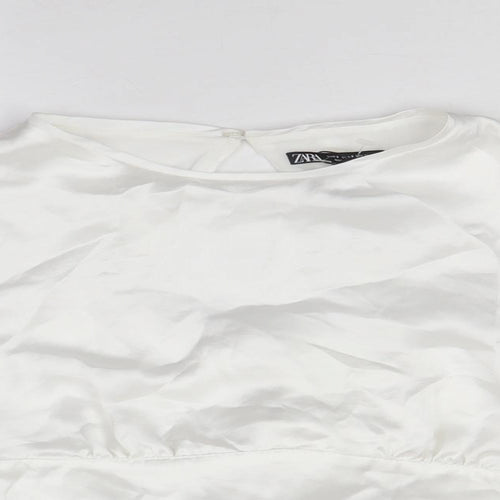 Zara Womens White Polyester Cropped Blouse Size S Round Neck