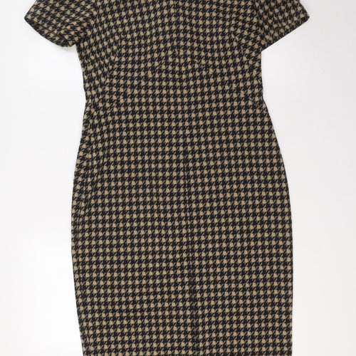Marks and Spencer Womens Beige Houndstooth Polyester Pencil Dress Size 10 V-Neck Zip