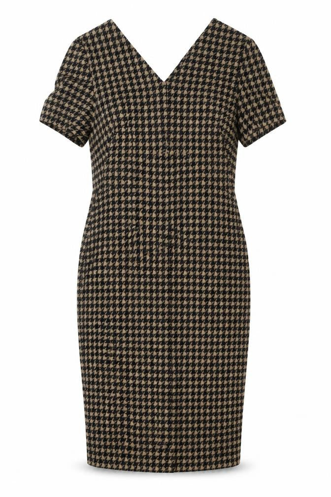 Marks and Spencer Womens Beige Houndstooth Polyester Pencil Dress Size 10 V-Neck Zip