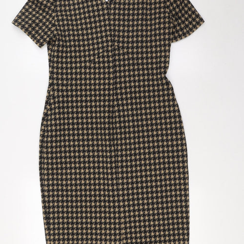 Marks and Spencer Womens Beige Houndstooth Polyester Pencil Dress Size 10 V-Neck Zip
