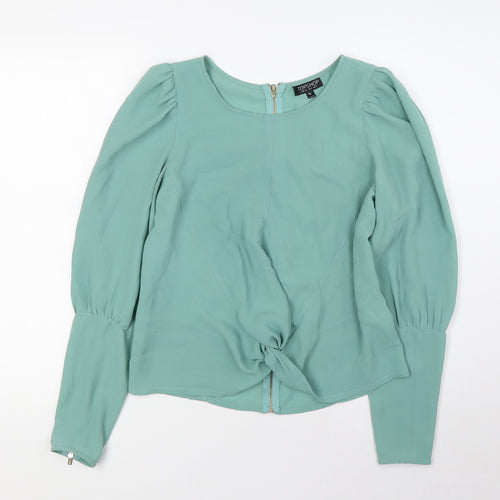 Topshop Womens Green Polyester Basic Blouse Size 8 Round Neck - Zip Sleeves