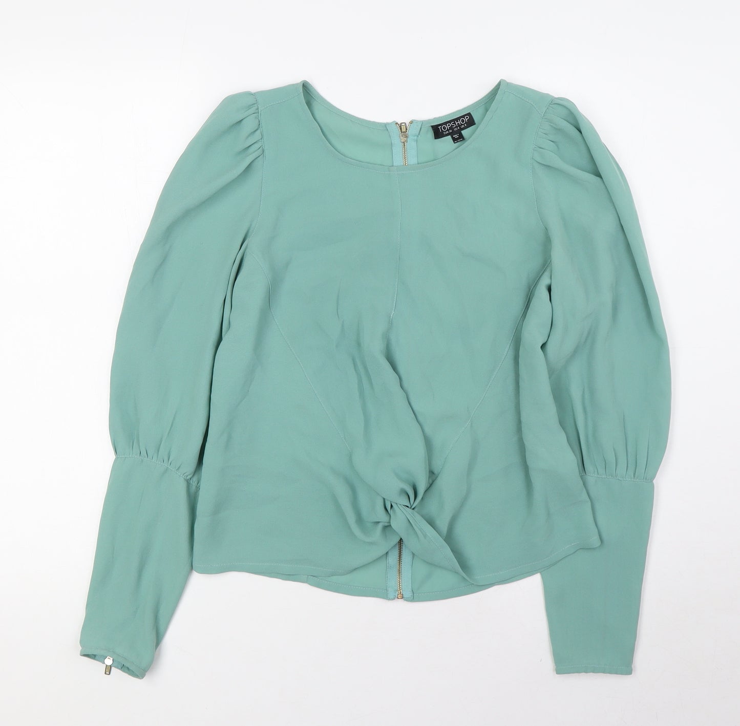 Topshop Womens Green Polyester Basic Blouse Size 8 Round Neck - Zip Sleeves