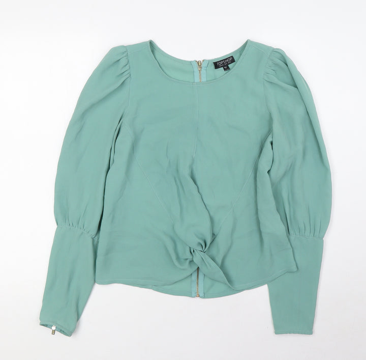 Topshop Womens Green Polyester Basic Blouse Size 8 Round Neck - Zip Sleeves
