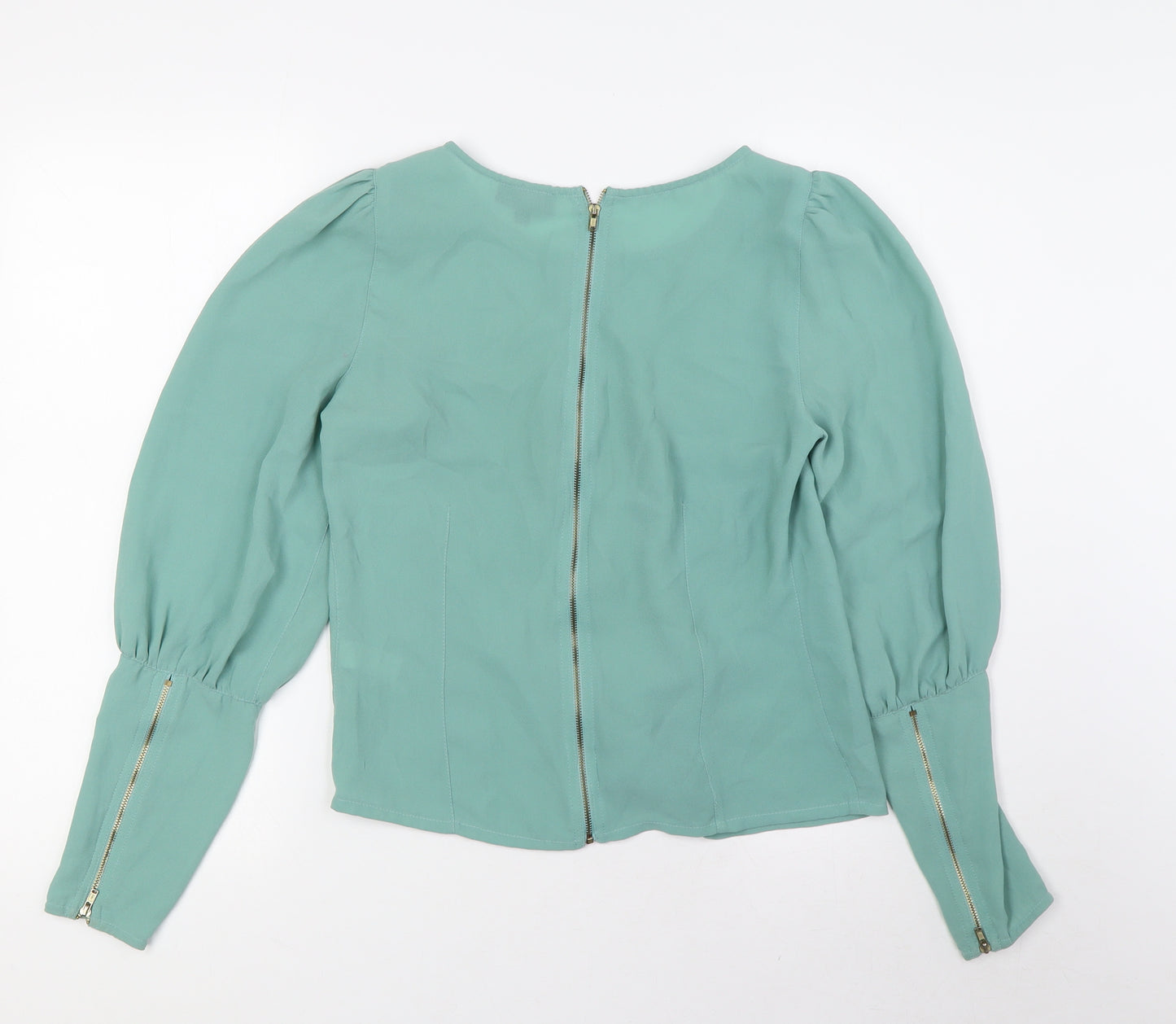 Topshop Womens Green Polyester Basic Blouse Size 8 Round Neck - Zip Sleeves