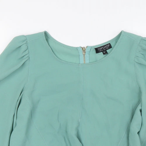 Topshop Womens Green Polyester Basic Blouse Size 8 Round Neck - Zip Sleeves