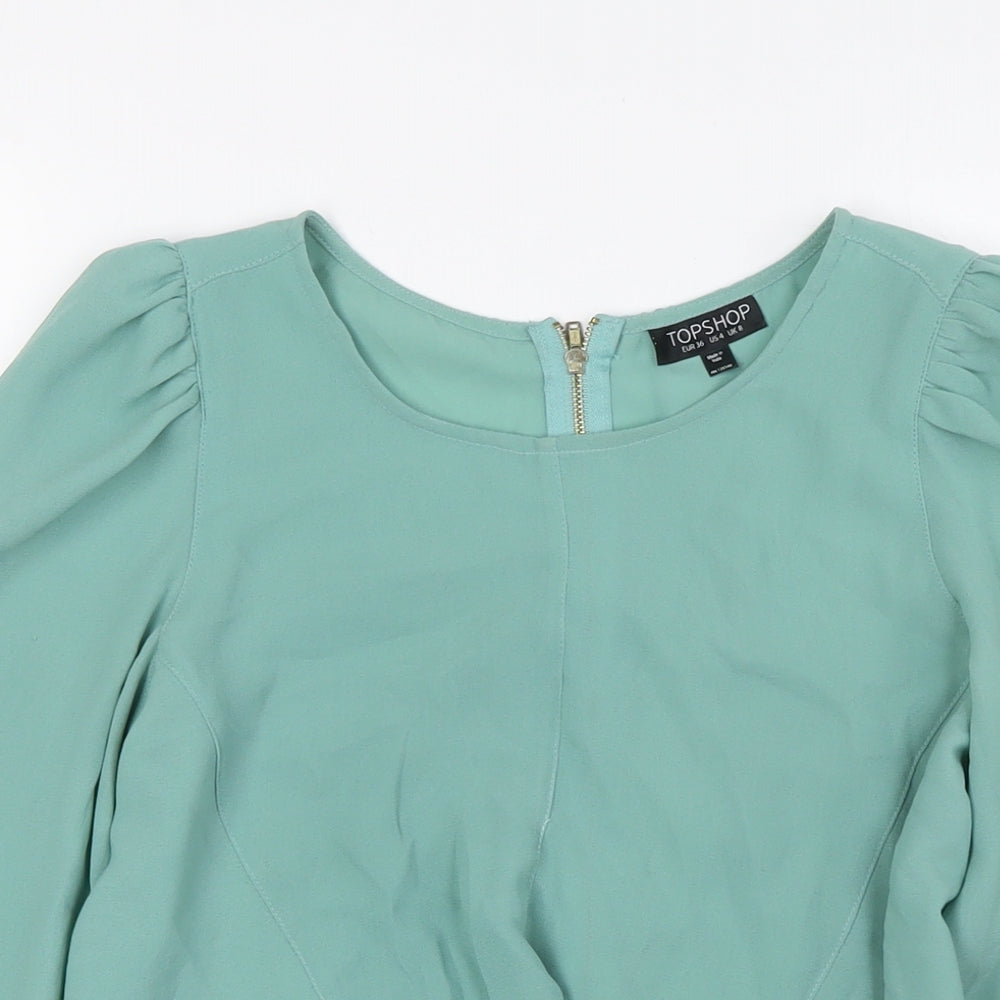 Topshop Womens Green Polyester Basic Blouse Size 8 Round Neck - Zip Sleeves