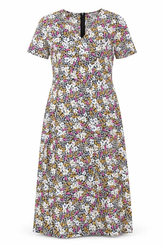 Front view of Style Cheat women’s multicoloured floral polyester a-line, size UK 12, v-neck zip
