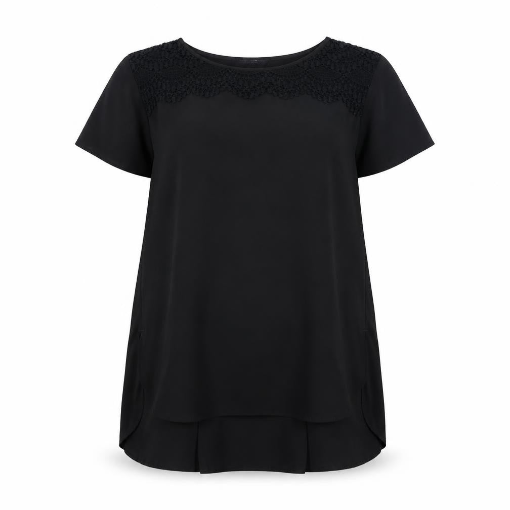 Front view of Marks & Spencer women’s black polyester basic blouse, size UK 8, round neck - crochet neck line