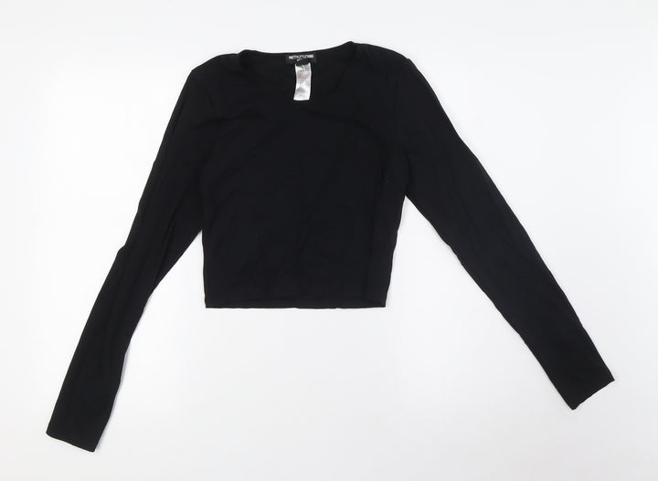 PRETTYLITTLETHING Womens Black Polyamide Basic Blouse Size 12 Round Neck