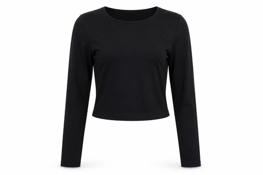 Front view of PRETTYLITTLETHING women’s black polyamide basic blouse, size UK 12, round neck