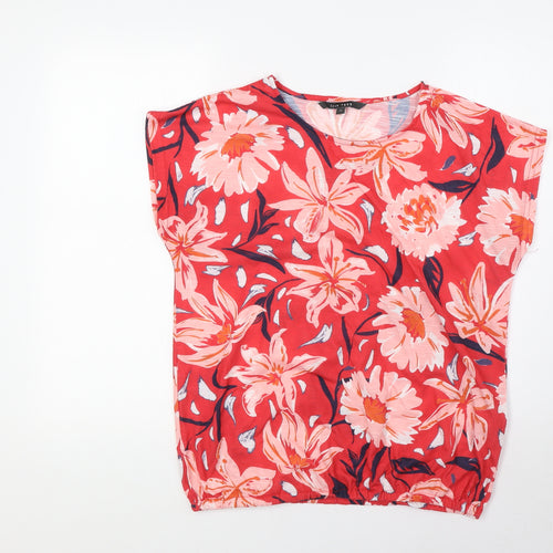 Bonmarché Womens Red Floral Polyester Basic Blouse Size 12 Boat Neck - Elasticated Waist
