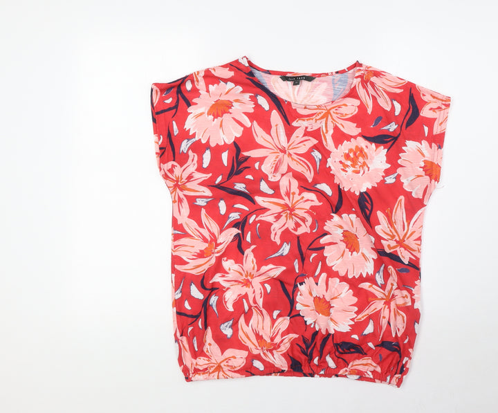 Bonmarché Womens Red Floral Polyester Basic Blouse Size 12 Boat Neck - Elasticated Waist