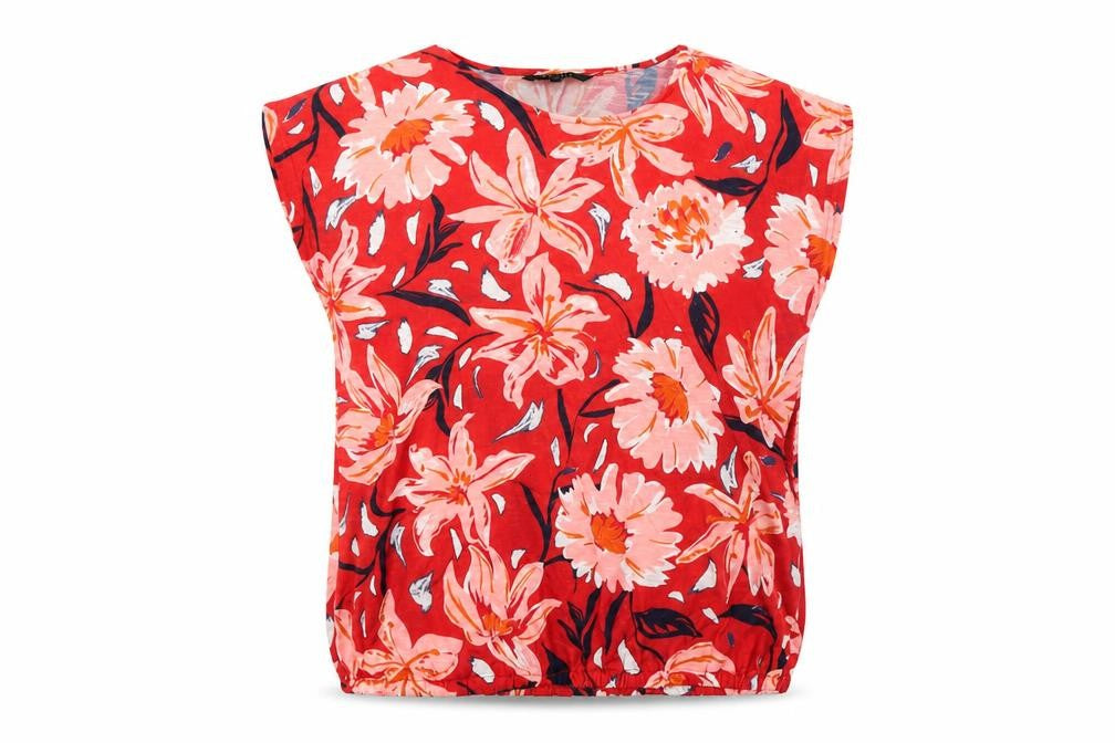 Front view of Bonmarché women’s red floral polyester basic blouse, size UK 12, boat neck - elasticated waist