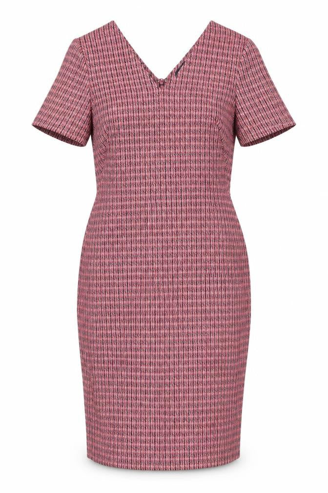 Front view of Marks & Spencer women’s multicoloured polyester pencil dress, size UK 14, v-neck zip