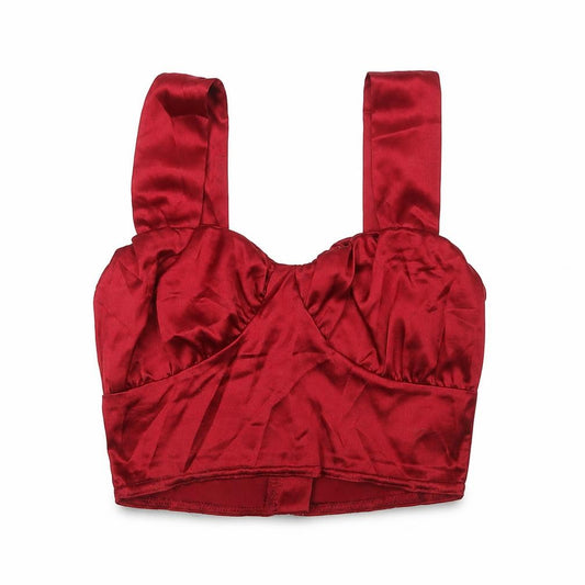 Front view of PRETTYLITTLETHING women’s red polyester cropped blouse, size UK 8, round neck