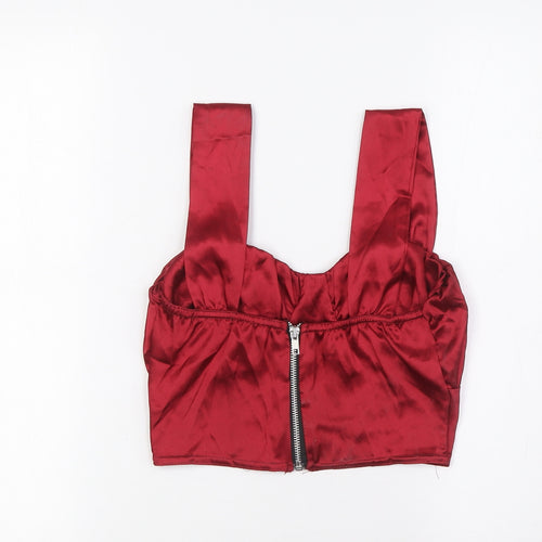 PRETTYLITTLETHING Womens Red Polyester Cropped Blouse Size 8 Round Neck
