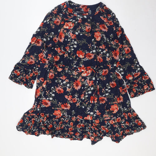Marks and Spencer Womens Blue Floral Viscose A-Line Size 14 Round Neck Button