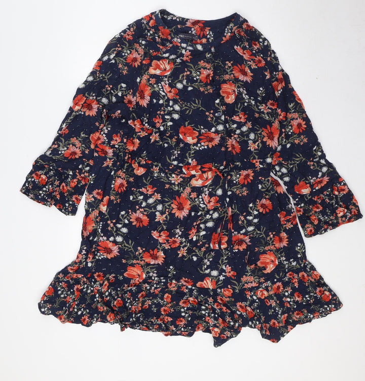 Marks and Spencer Womens Blue Floral Viscose A-Line Size 14 Round Neck Button