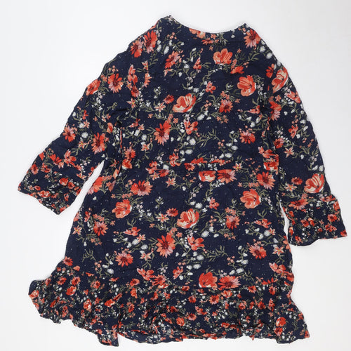 Marks and Spencer Womens Blue Floral Viscose A-Line Size 14 Round Neck Button