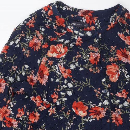 Marks and Spencer Womens Blue Floral Viscose A-Line Size 14 Round Neck Button