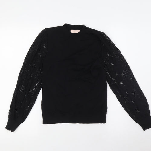 Lipsy Girls Black Viscose Basic Blouse Size 13-14 Years Crew Neck - Lace Sleeves
