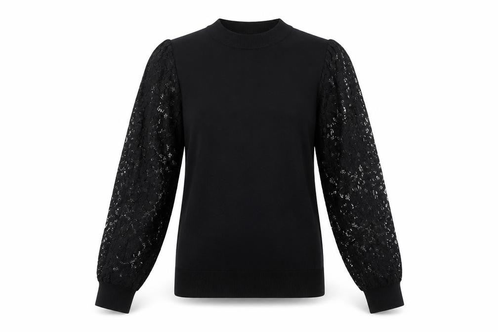Lipsy Girls Black Viscose Basic Blouse Size 13-14 Years Crew Neck - Lace Sleeves