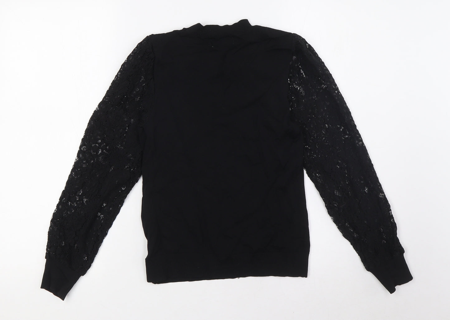Lipsy Girls Black Viscose Basic Blouse Size 13-14 Years Crew Neck - Lace Sleeves
