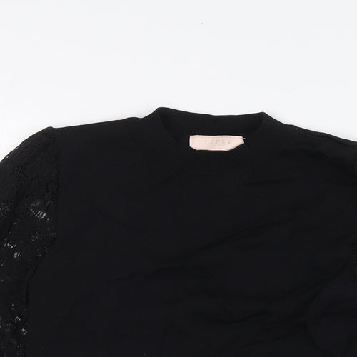 Lipsy Girls Black Viscose Basic Blouse Size 13-14 Years Crew Neck - Lace Sleeves