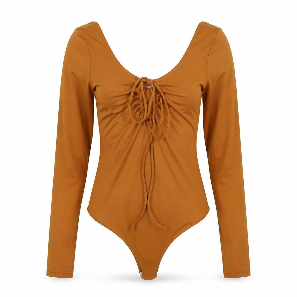 Front view of Gilli women’s brown polyester bodysuit one-piece, size S, snap