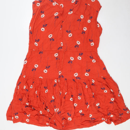NEXT Womens Orange Floral Viscose A-Line Size 16 Sweetheart Button - Pull Cord Waist