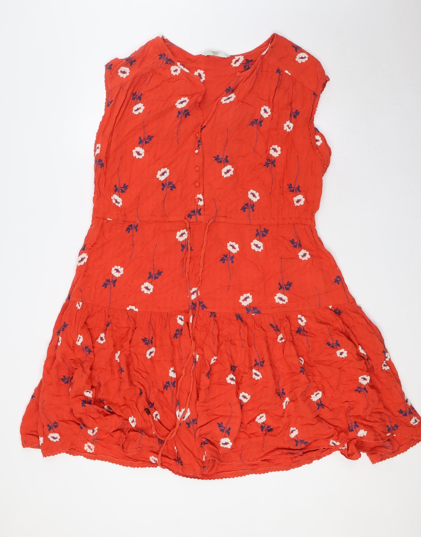 NEXT Womens Orange Floral Viscose A-Line Size 16 Sweetheart Button - Pull Cord Waist