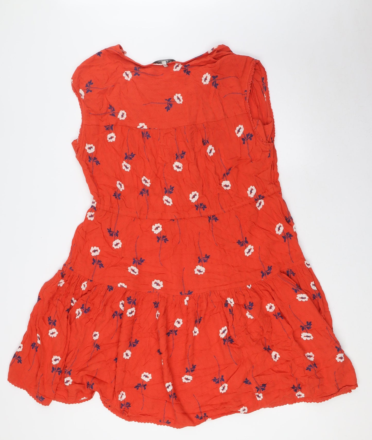 NEXT Womens Orange Floral Viscose A-Line Size 16 Sweetheart Button - Pull Cord Waist
