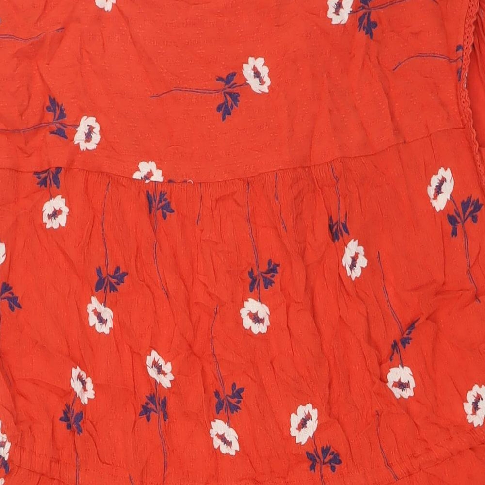 NEXT Womens Orange Floral Viscose A-Line Size 16 Sweetheart Button - Pull Cord Waist
