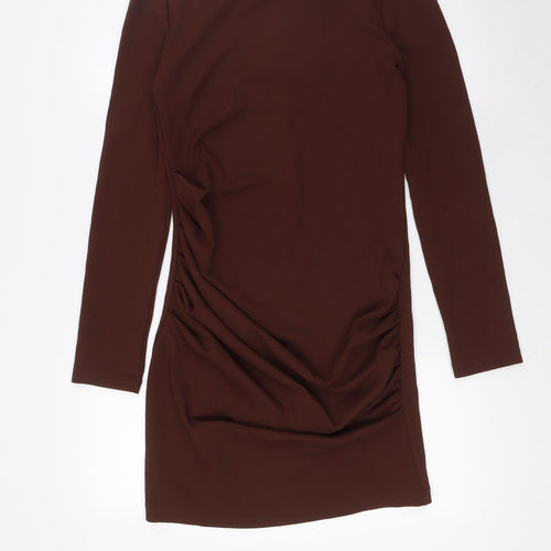 Zara Womens Brown Polyester Shirt Dress Size S Boat Neck Zip