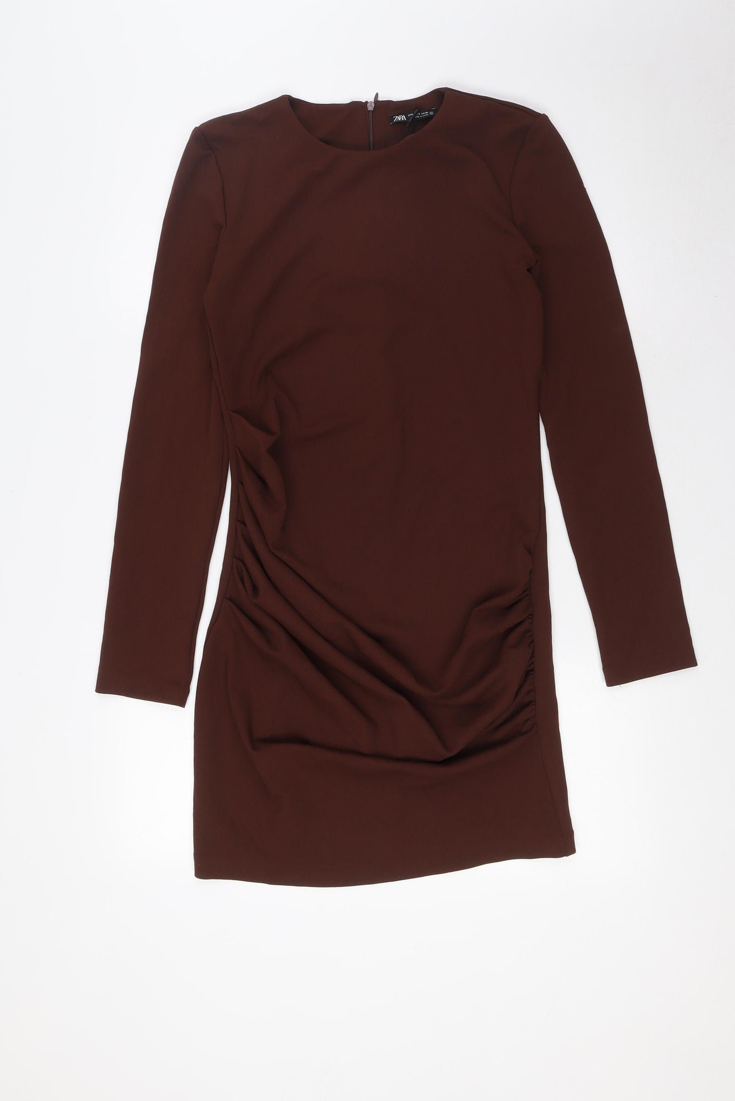 Zara Womens Brown Polyester Shirt Dress Size S Boat Neck Zip