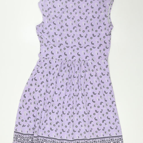 Lands' End Womens Purple Paisley Cotton A-Line Size L V-Neck