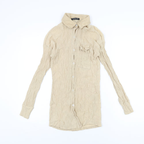 Boohoo Womens Beige Viscose Basic Button-Up Size 10 Collared